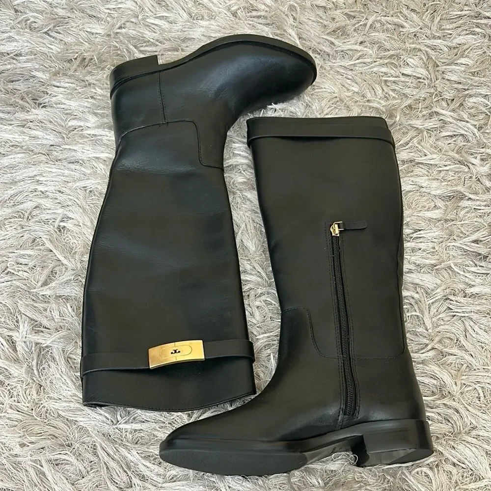 NWOB Tory Burch Calf Leather T-Hardware Tall Riding Boots in Perfect Black sz 6